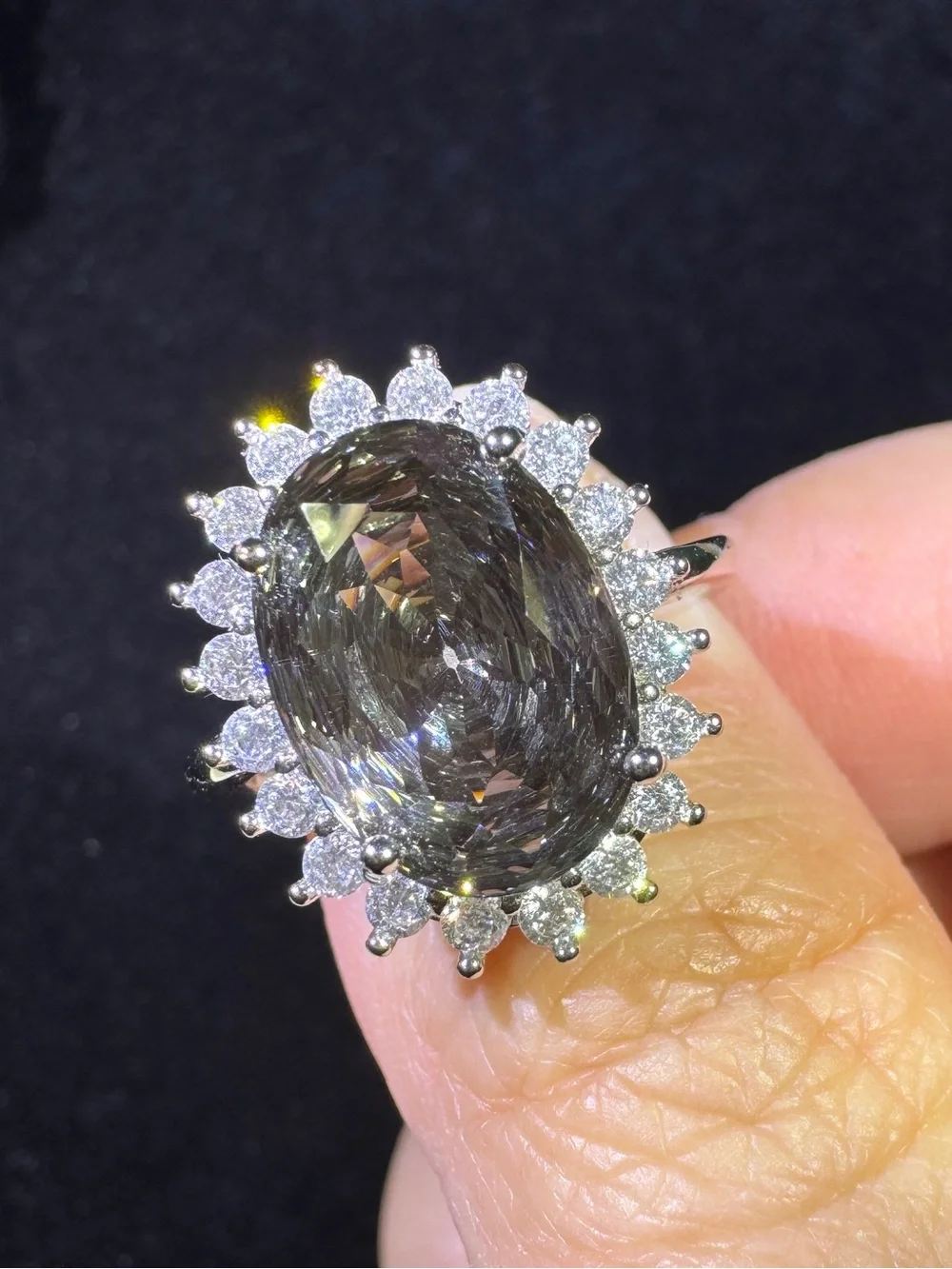 Fingerprint Cut CZ Gray Green Adjustable Ring